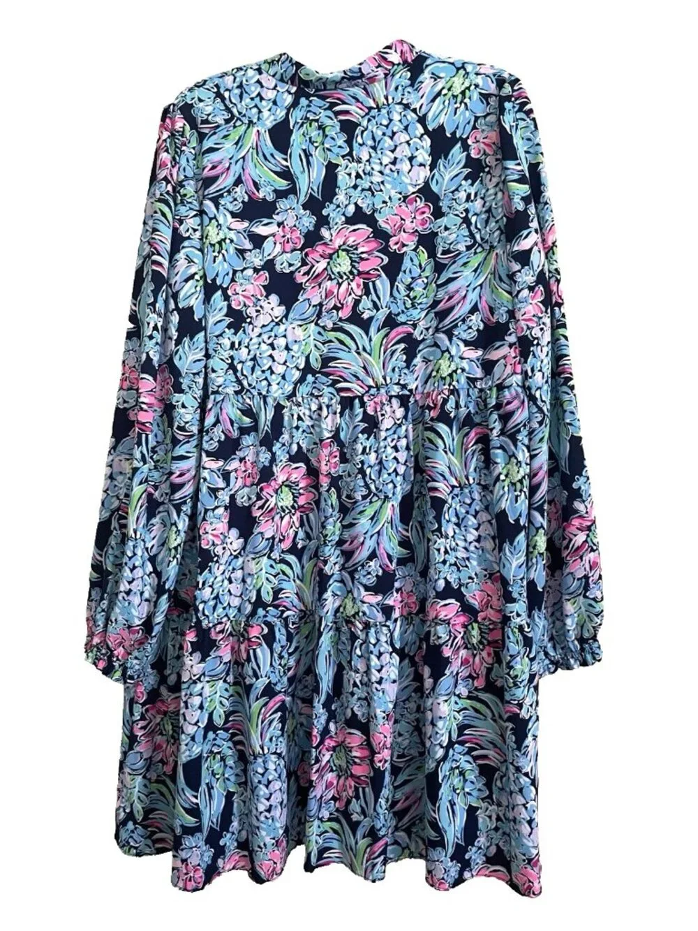 Lilly Pulitzer Winona Dress Large High Tide Navy Pineapple Paradise Long Sleeves - Picture 3 of 10